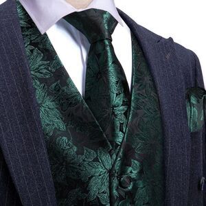 Barry Wang Men’s Green Vest Dark Green Floral V-neck Waistcoat